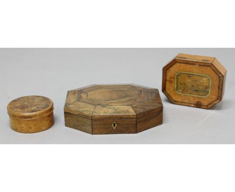 ROSEWOOD AND BRASS INLAID WORK BOX, early 19th century, of octagonal form with a fitted interior, length 27cm; together with 