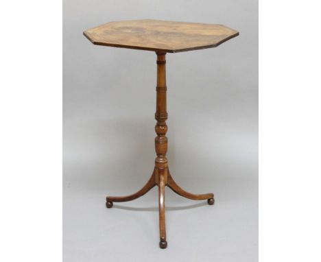 GEORGE III OCTAGONAL SATINWOOD TRIPOD TABLE, the top with feather banding and line inlay above a ring turned column and slend