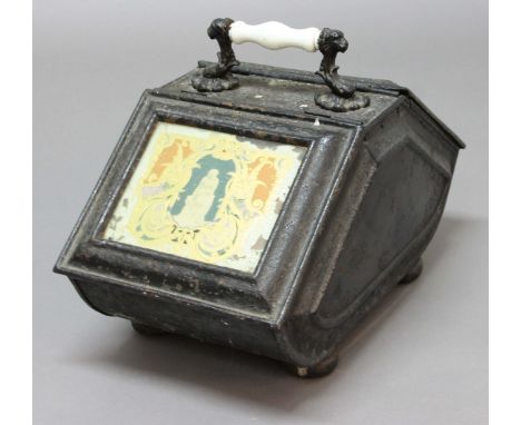 VICTORIAN TOLEWARE DOUBLE ENDED COAL SCUTTLE, each lid with a polychrome and gilt print under glass, the ceramic handle on li