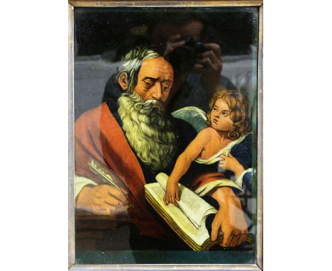 THREE REVERSE PRINTS ON GLASS, 19th century, of Sts Matthew, Mark and John, 35cm x 25cm; another titled Grouse Shooting and a