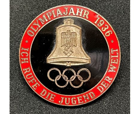 WW2 Third Reich Olympiajahr 1936 enamel badge. Maker marked "CTD" for Christian Theodor Dicke. 40mm in diameter. 