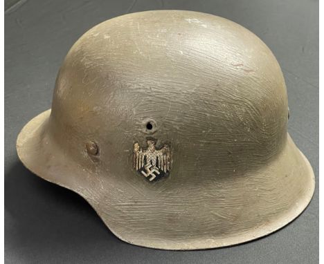 WW2 Third Reich Heer Single Decal M42 Helmet shell. Original paintwork and decal. Lighter green camo over paint. Complete wit