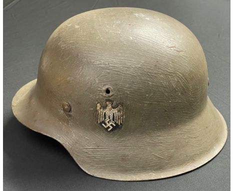 WW2 Third Reich Heer Single Decal M42 Helmet shell. Original paintwork and decal. Lighter green camo over paint. Complete wit