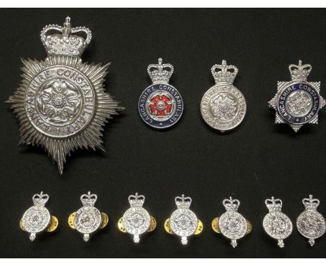 Lancashire Constabulary collection comprising of: Queens Crown Helmet Plate: Queens Crown Officers cap badge: Queens Crown En