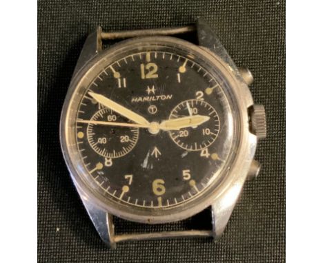 Post War British Military issue 1970s Hamilton Chronometer watch head, black dial, twin subsidiary registers, Arabic numeral 