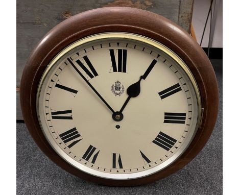 WW2 British RAF Wall Clock with 35cm enamel dial with Roman Numerals and RAF Crest. The wooden case is Air Ministry marked al