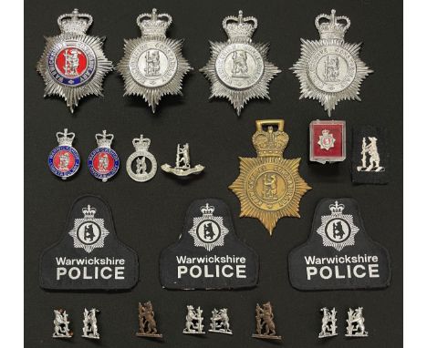 Warwickshire Constabulary Collection comprising of: Queens Crown Helmet Plates x3 : Queens Crown Enamelled Helmet Plate: Quee