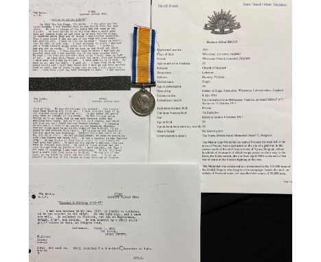 WW1 British War Medal 1914-18 Australian Forces Casualty awarded to 3241 Pte Herbert Alfred Biggs, 7 Bn, A.I.F. Complete with