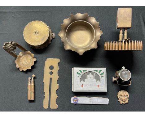 WW1 &amp; WW2 British Trench Art collection to include: WW1 Matchbox stand and ashtray dedicated to Notts &amp; Derby Regt, 2