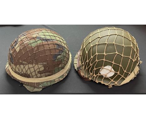 REPRODUCTION WW2 US Army M1 Steel Helmet with rear seam, M1 liner, fitted with REPRODUCTION M1C Airborne chistraps. Paper Ace