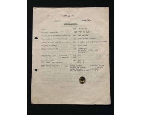 WW2 British RAF Form F Combat Report dated 11/11/40 detailing a probable kill by P/O Edward P Wells of B Flight, 41 Sqn RAF f