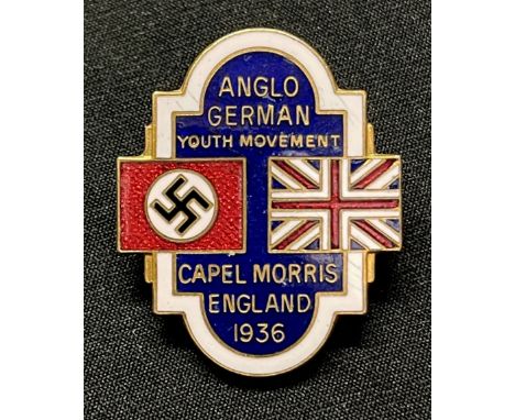 WW2 Anglo-German Youth Rally Capel Morris 1936 enamel badge. Maker marked to reverse, "Fattorini, Birmingham". 