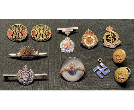 WW2 British Enamel Sweetheart brooch collection to include: RAF on Mother of Pearl backing disc: Lancashire Fusiliers: Royal 