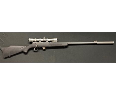 Marlin Model 880 Stainless Steel .22LR Cal Bolt Action Rifle Serial no 01252691. Fitted with a Moderator, overall length of b