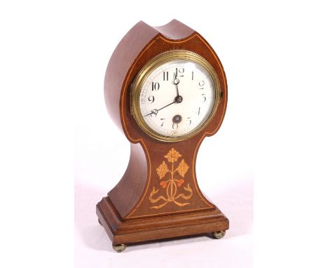 Art Nouveau marquetry mahogany mantel timepiece, cylinder movement, 24cm