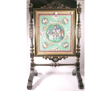 19th century Chinese decorative cut paper and silk work panel mounted within an ebonised Victorian fire screen, the panel wit