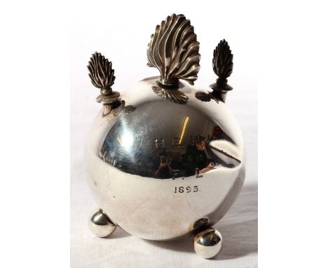 Victorian silver cigar lighter modelled as an grenade with three flame finials, maker Zimmerman, Birmingham 1891 CONDITION RE