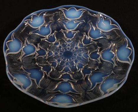 R Laliques, France, Campanules opaque shallow glass bowl with textured and opaque glass flowerhead design, etched mark, 32cm 