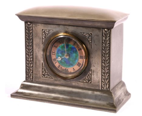 Arts and Crafts English pewter and enamel mantle clock with Roman dial and chased acanthus pewter case, stamped "English Pewt