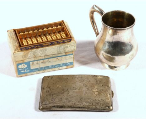 Chinese silver beaker, of squat form with scroll handle, initialled I W, 5.1oz, monogrammed and a Chinese cigarette case and 