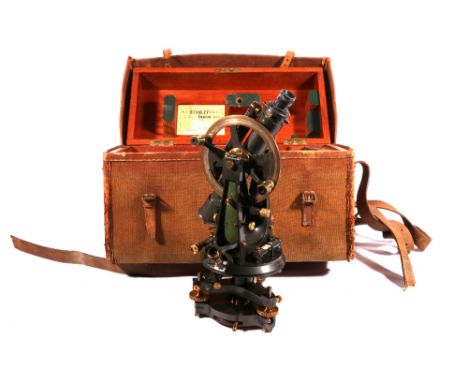 Early 20th Century Stanley patent lacquered and patinated brass transit theodolite, pat. no 23009, with triform base, twin ve