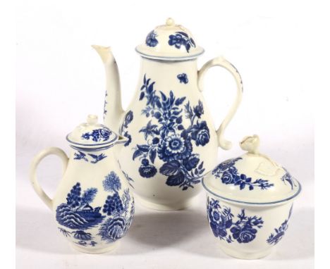 18th century Worcester sparrow beak cream jug with simple handle decorated in blue glaze with "The Fence" pattern, also a blu