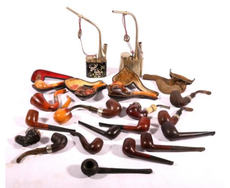 Collection of twenty-four pipes including W H Newman meerschaum pip, silver mounted pipe with ambered mouthpiece, pipes by Ba