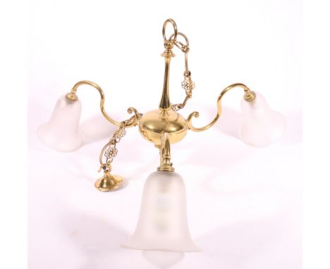 20th century lacquered brass three branch chandelier with frosted glass shades, 40cm