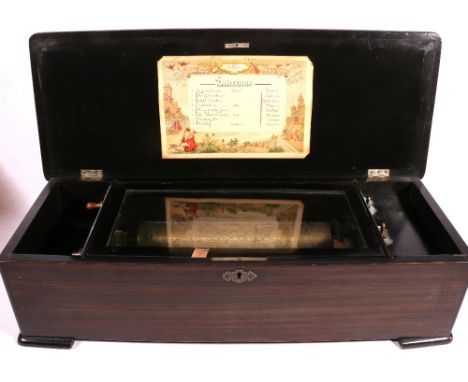 19th century Swiss 8-Aire marquetry rosewood music box, the lithograph label numbered 3327, 17cm x 62cm CONDITION REPORT: Whe