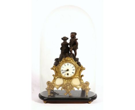 Late 19th century French gilt spelter mantel clock surmounted with musicians, with enamel Roman dial and cylinder movement, 3