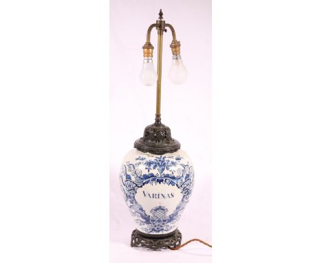 18th century Italian tin glazed pharmacy jar "Varinas" converted to a table lamp, 70cm. CONDITION REPORT: Completely restored