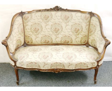 Louis XVI style walnut parlour sofa with floral upholstry CONDITION REPORT: 148cm wide, 106cm high.  Wear to higher points.  