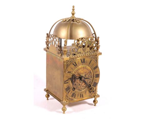 Late Victorian brass lantern clock, maker Edward & Sons of Glasgow with brass movement striking on a gong, 34cm CONDITION REP