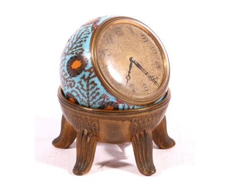19th century Swiss champleve enamel ball clock with silvered arabic dial, blue steel hands on a gilt circular stand, 7cm