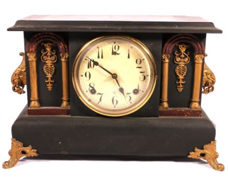 Early 20th Century American William Gilbert Clock Company mantel clock of architectural form, the movement strinking on a bel