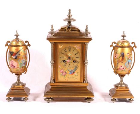 19th century French porcelain and brass mantel clock garniture, the gilt panels decorated with birds, Japy Freres cylinder mo