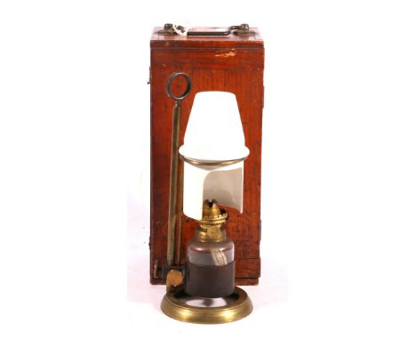 19th century American microscope oil lamp by Holmes, Booth and Hayden, cased, 27cm high CONDITION REPORT: Crack to glass oil 