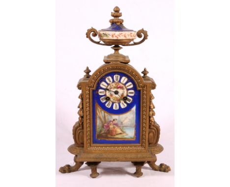 19th century French gilt metal porcelain mantel clock, Japy Freres cylinder movement striking on a bell, 38cm