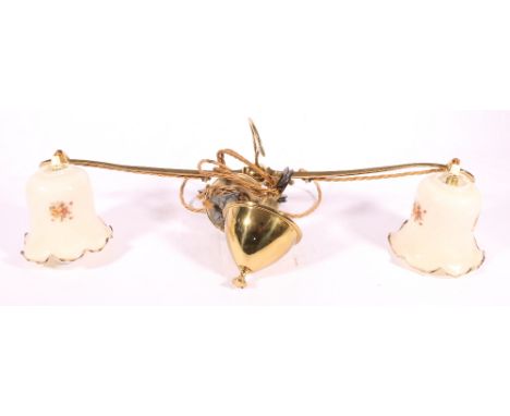 Art Nouveau brass rise and fall twin light chandelier with floral opaline shades, 71cm