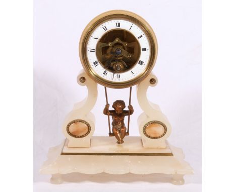 Late 19th century French alabaster mantel clock with enamel Roman chapter, swinging cherub pendulum, 23cm
