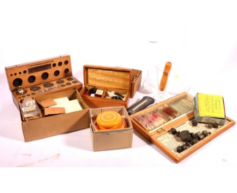 Collection of instruments and accessories including microscope slide samples, bydrometer, cased set of weights, thermometer, 