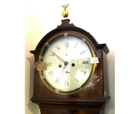 Victorian mahogany drumhead longcase clock, with circular 13 inch enamel dial, makers name worn, seconds and date dials, the 