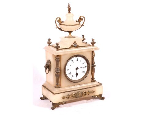 Late 19th century French gilt metal and alabaster mantel clock, with cylinder movement, 38cm