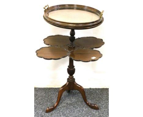 20th century mahogany quadrefoil cake table with ciruclar tray top raised on tripod base, 74cm.