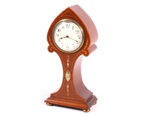 Late Victorian Art Nouveau style mother of pearl inlaid mahogany mantel clock, 29cm