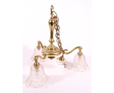 Early 20th century lacquered brass three light chandelier, with etched clear glass shades, 43cm