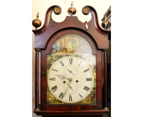 Victorian Scottish mahogany longcase clock, the arched 12.5 inch Roman enamel dial inscribed "ae day a braw wooer", 220cm