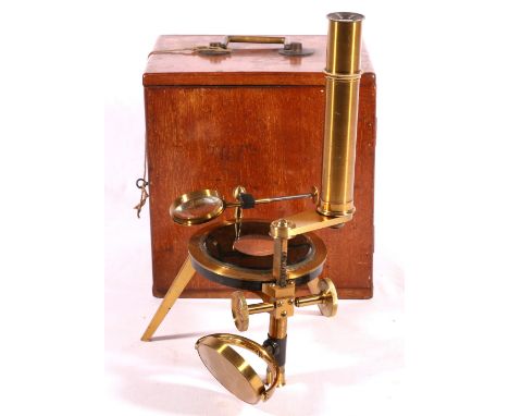 Late 19th century English lacquered brass compound monocular microscope with rack and pinion adjustment, circular black glass