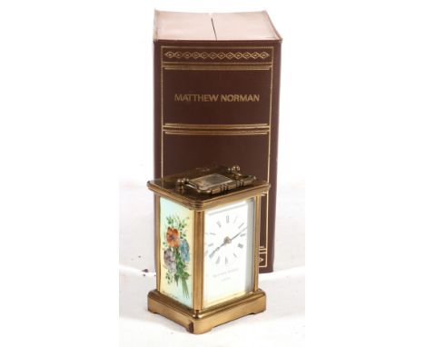 Brass and enamel Mathew Norman carriage timepiece with signed Limoge panels, 14cm