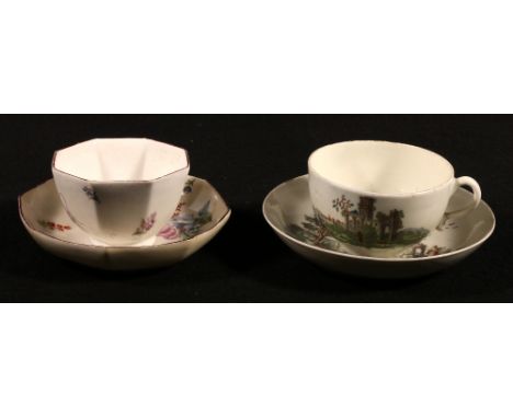 An 18th century Worcester tea bowl and saucer with polychrome enamel and transfer decoration of figures in a landscape, Meiss